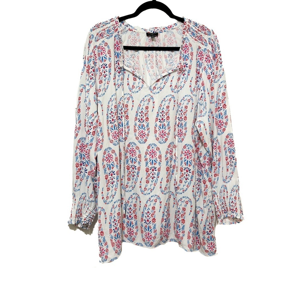 Talbots Blouse Floral Paisley Smocked Resortwear Coastal White Blue Plus Size 3X